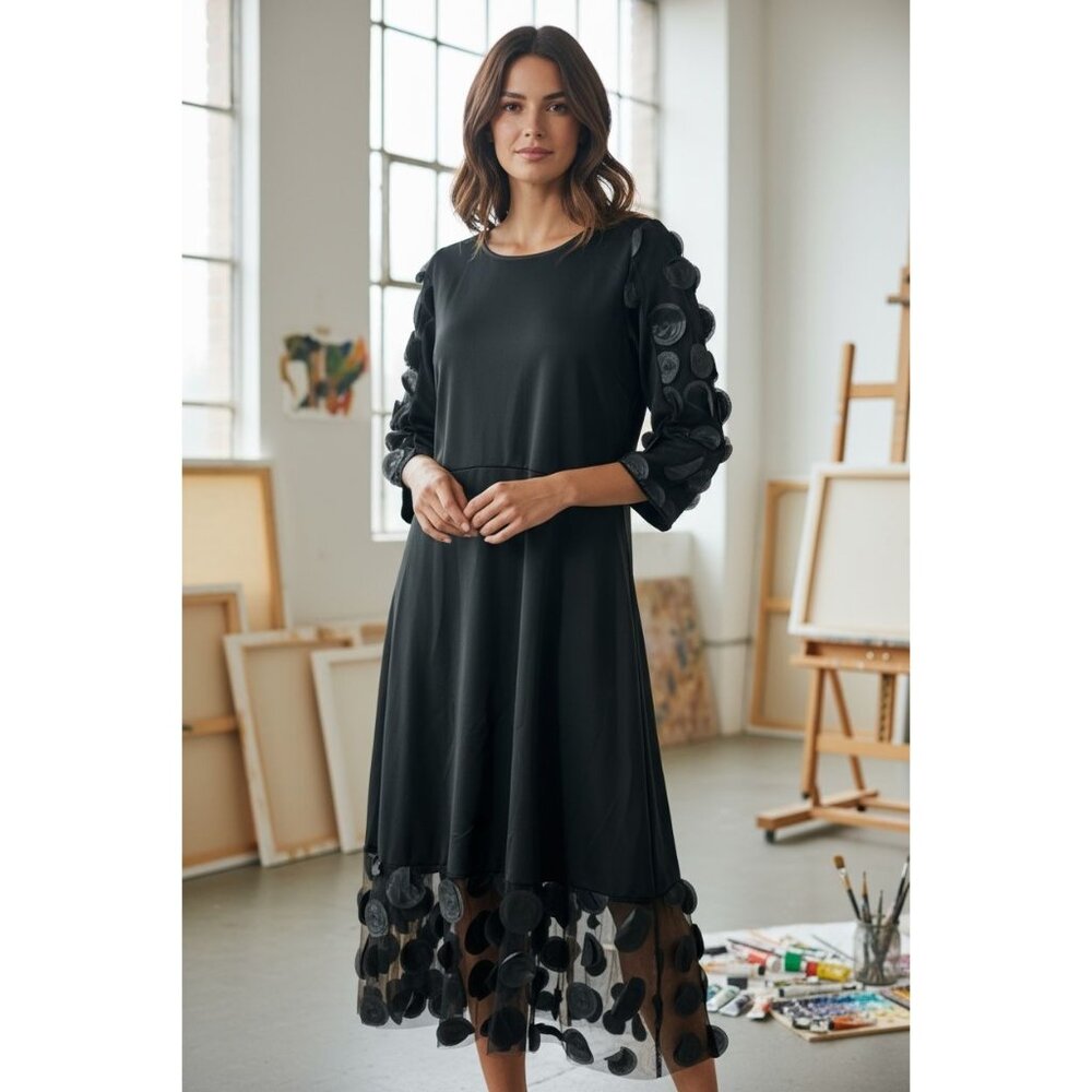 NEW Black Evening Dress Womens XL Sheer Sleeves Leaf Appliques Holyday Party